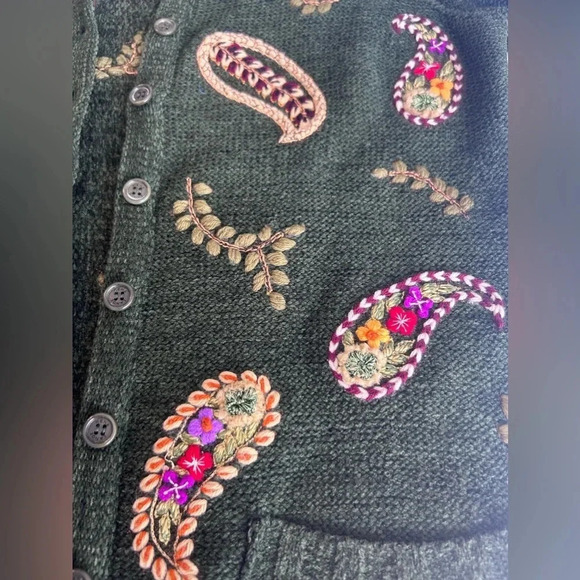 Vintage Rena Lange Cardigan Handmade Knit Embroidered Floral Paisley Fur Collar - Picture 11 of 16